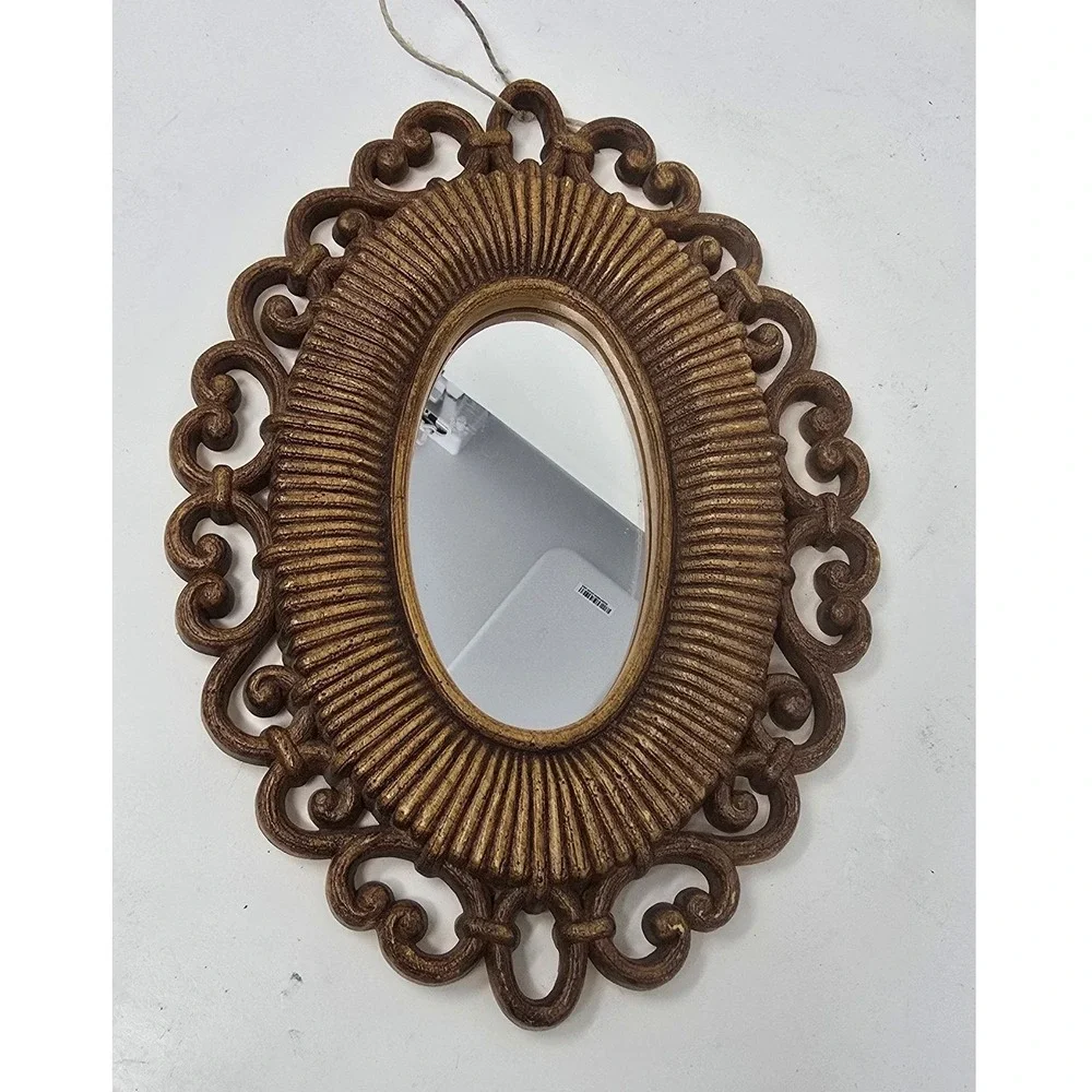 Vtg Dart Homco MCM oval mirror faux rattan wicker USA boho-chic Americana retro